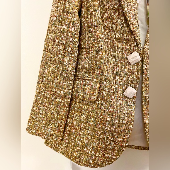NWT New Self-Portrait Metallic Gold Brown Checked Tweed Blazer Jacket UK8/US4 - Picture 2 of 5